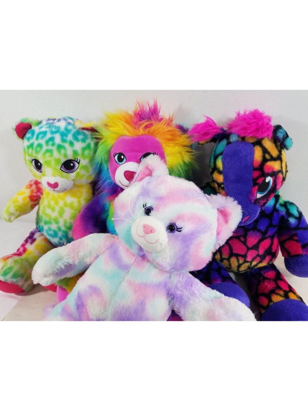 Build a Bear lot of 4 Leopard Cat Lion Giraffe Rainbow Lisa Frank Style Plush